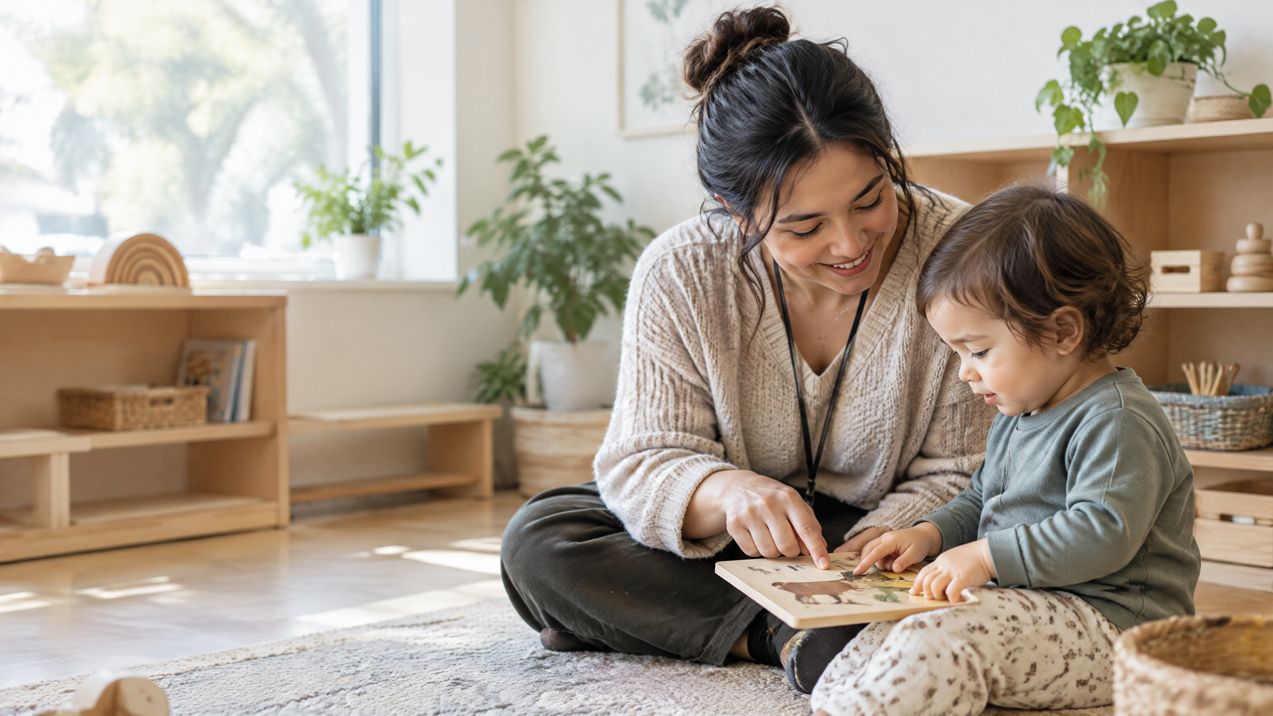Early childhood educator sharing a learning moment with a toddler