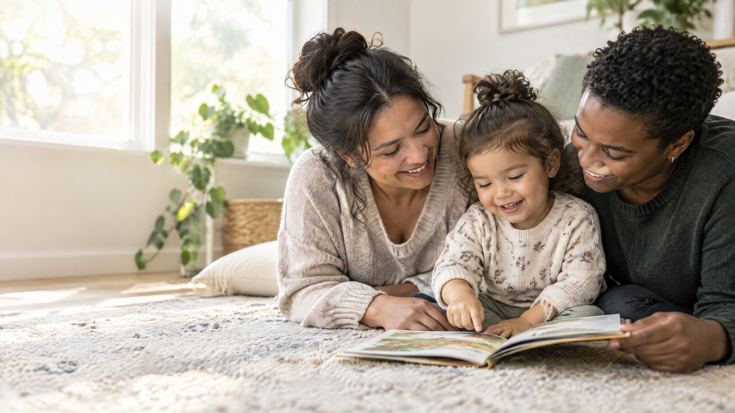 Two caregivers and a toddler sharing a warm picture-book moment at home