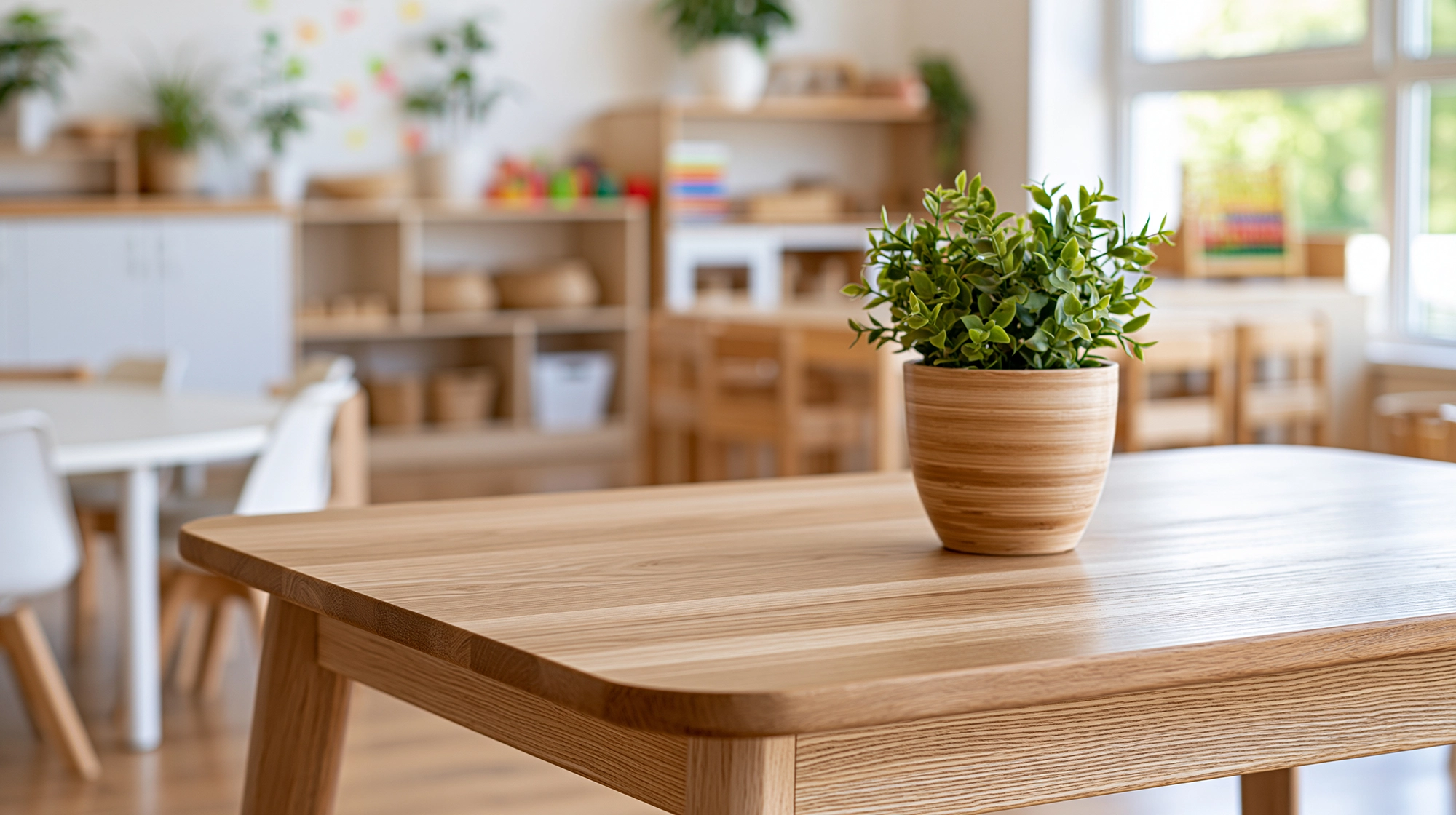 Sunlit child-height table and natural materials in a welcoming early learning environment